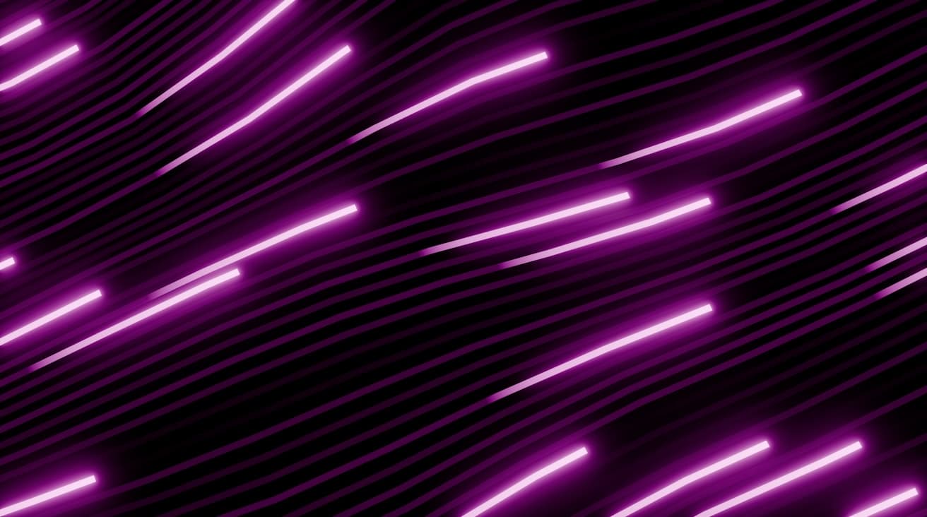Lignes lumineuses violettes évoquant les flux de données échangés entre Mews et hub.
