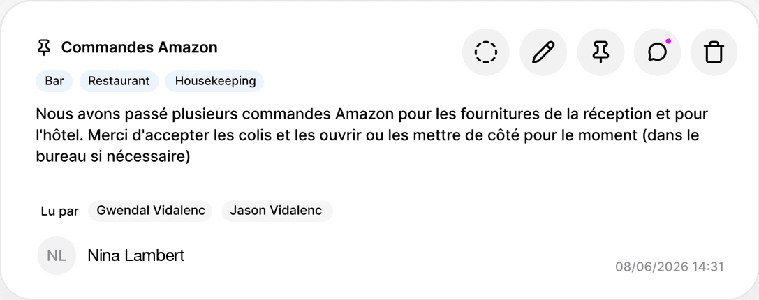 Consigne « Commandes Amazon » dans hub, taguée Bar, Restaurant et Housekeeping, lue par deux destinataires
