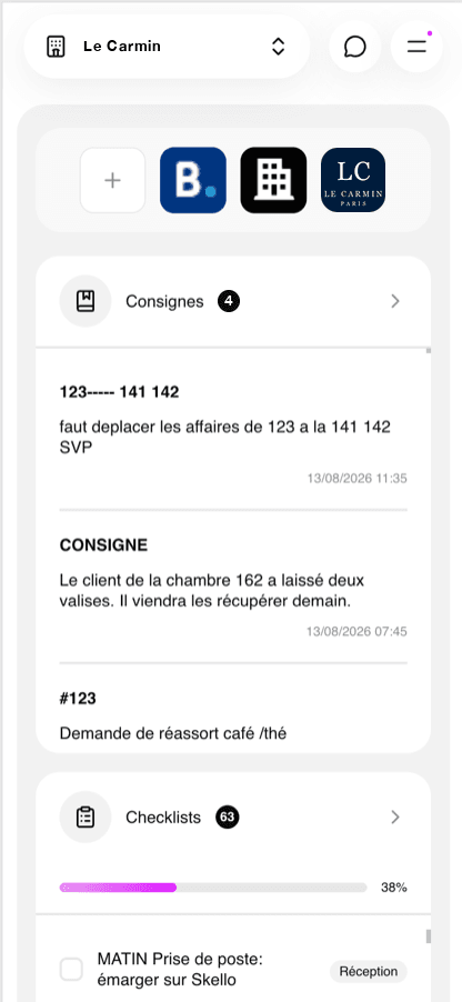 hub. app mobile — accueil réception sur iPhone