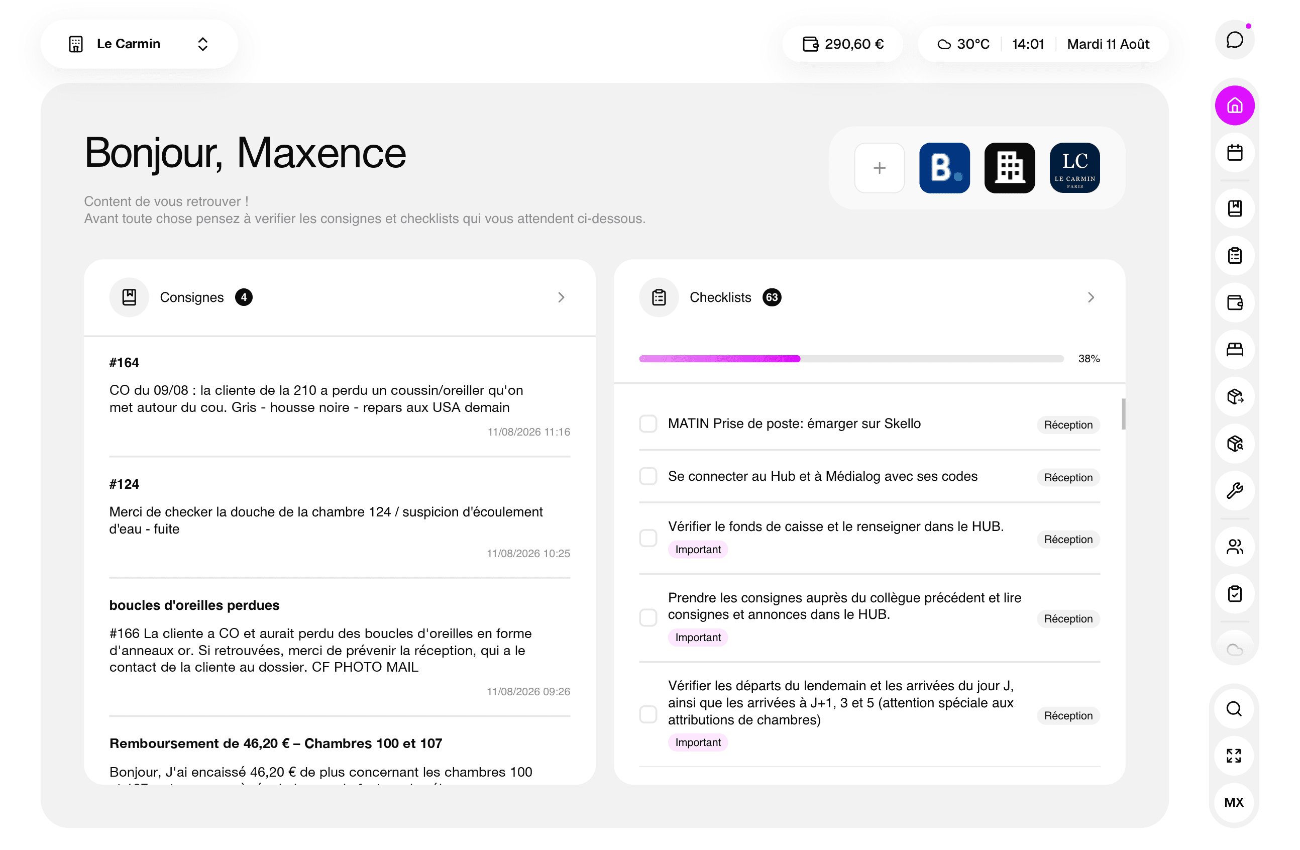 hub. app — accueil réception d'un hôtel : consignes non lues et checklist du jour