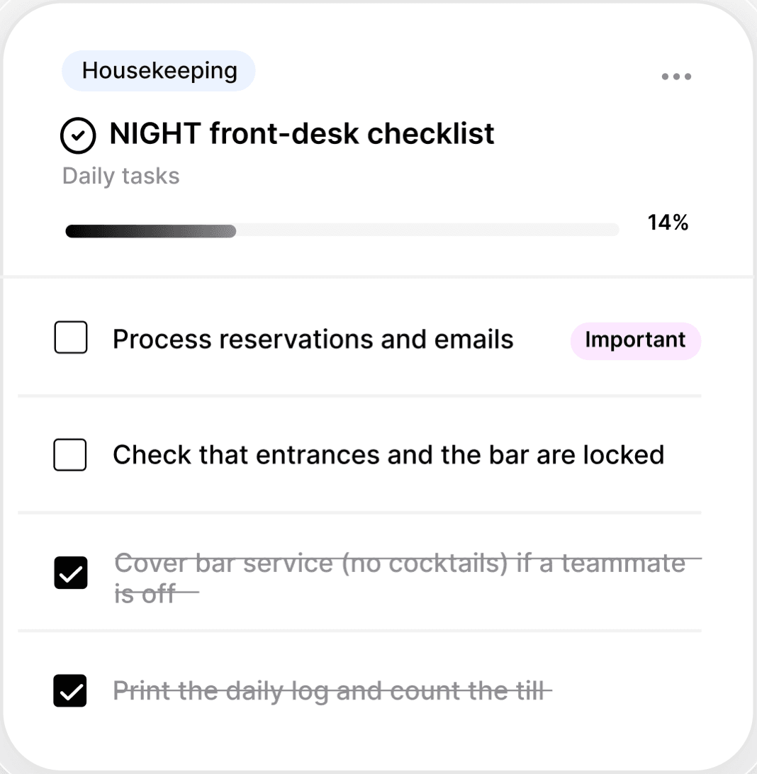 Night front-desk checklist in hub — daily tasks ticked and time-stamped