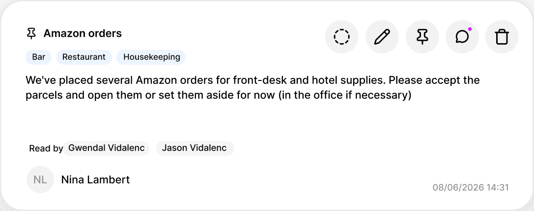 An “Amazon orders” handover note in hub, tagged Bar, Restaurant and Housekeeping, read by two recipients