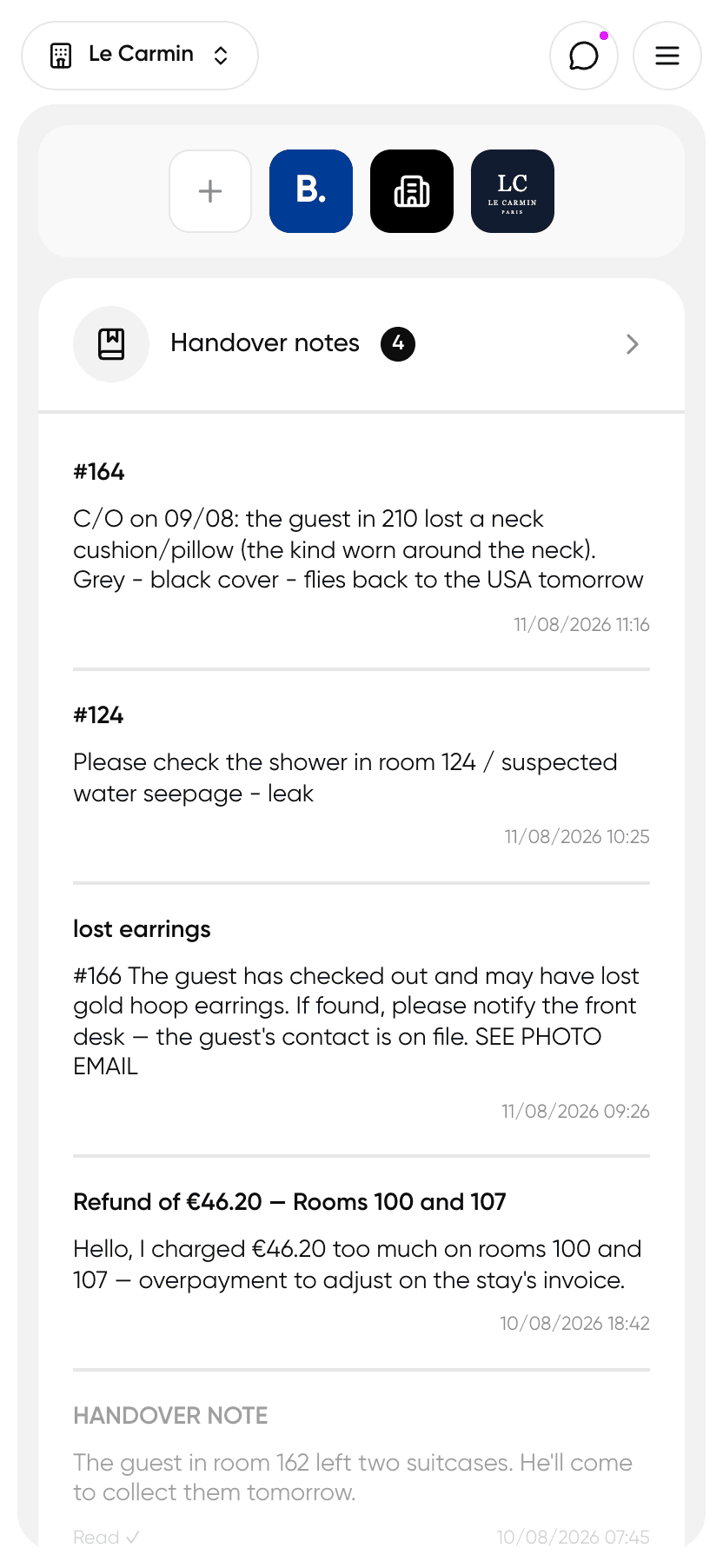 hub. app mobile — front-desk home screen on iPhone