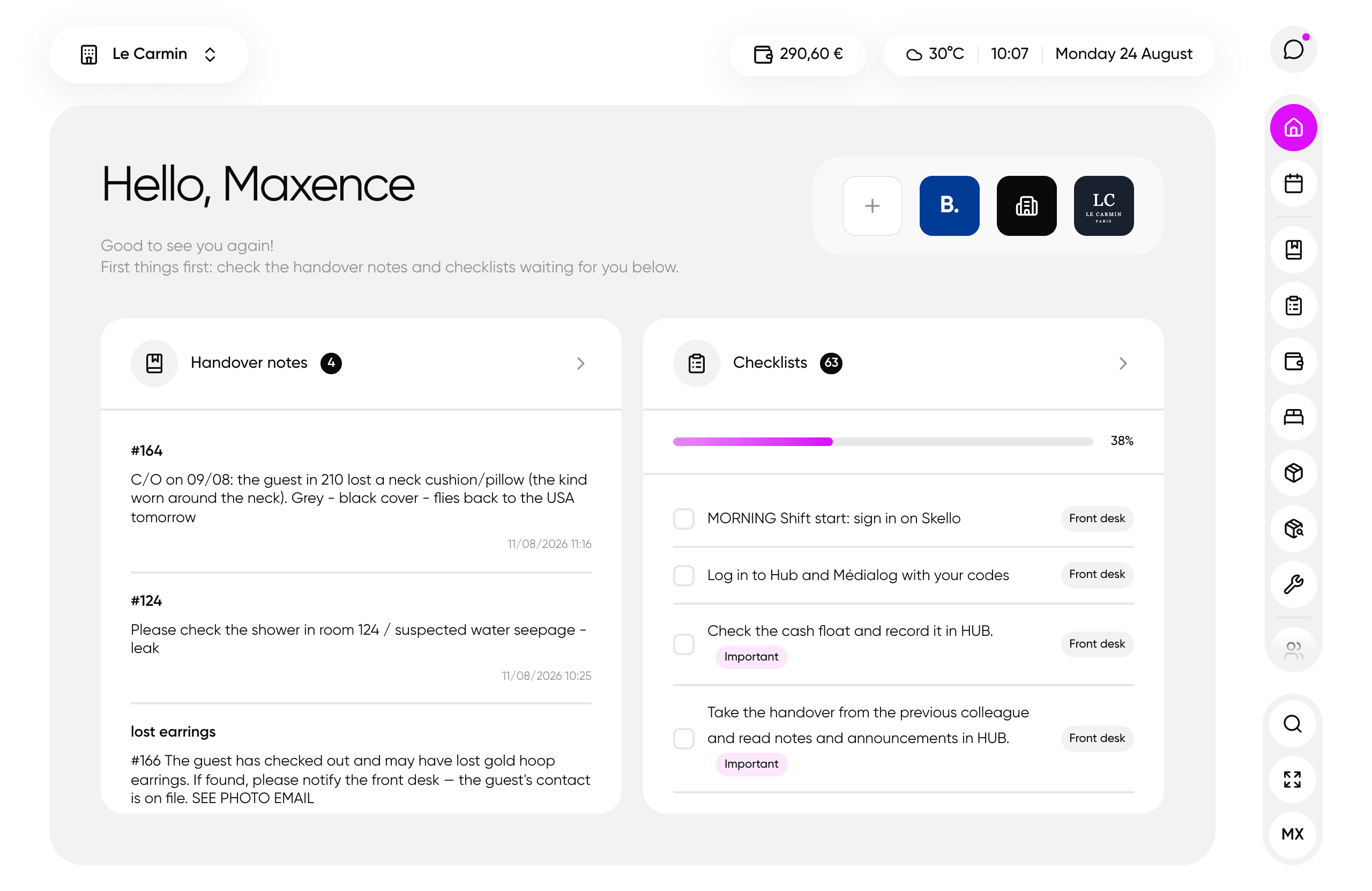 hub. app — a hotel's front-desk home screen: unread handover notes and today's checklist