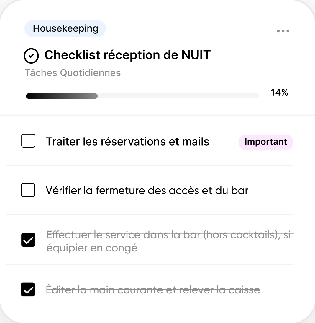 Checklist réception de nuit dans hub — tâches quotidiennes cochées et horodatées