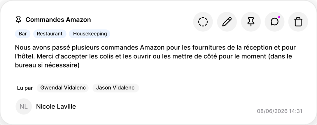 Consigne « Commandes Amazon » dans hub, taguée Bar, Restaurant et Housekeeping, lue par deux destinataires