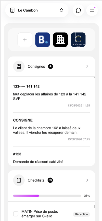 hub. app mobile — accueil réception sur iPhone