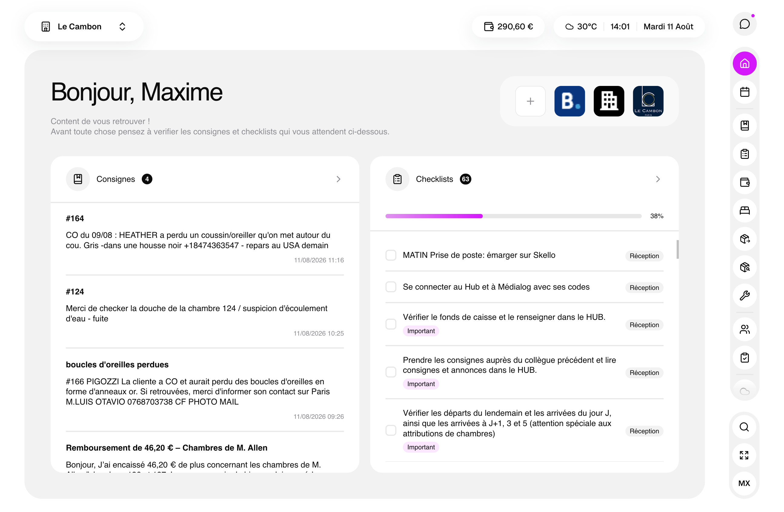 hub. app — accueil réception de l'hôtel Le Cambon : consignes non lues et checklist du jour